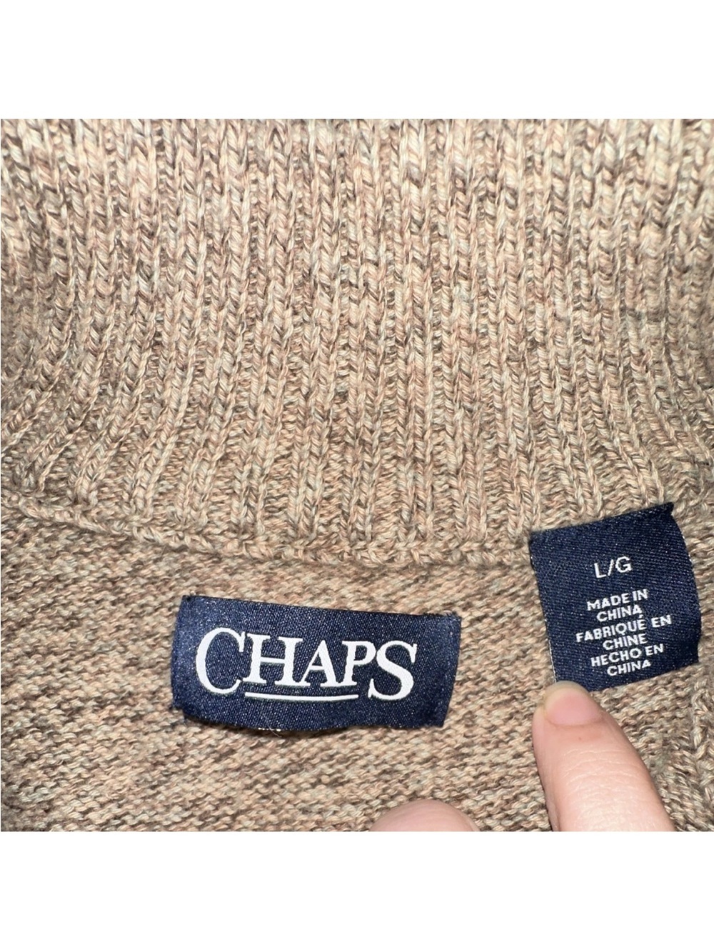 VTG Chaps Sweater Mens L Oatmeal Tan Knit Button Mock Neck Elbow Patch Y2K Coppy - Picture 3 of 5